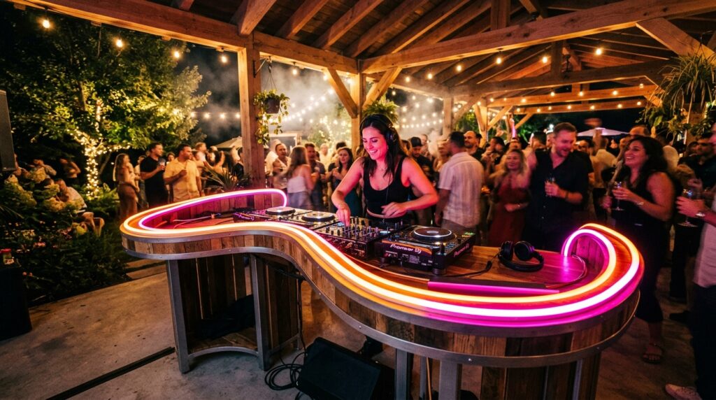 Sound-Activated Accent Lights to Elevate Outdoor DJ and Bar Stations party pavilion dj console neon 202606101413