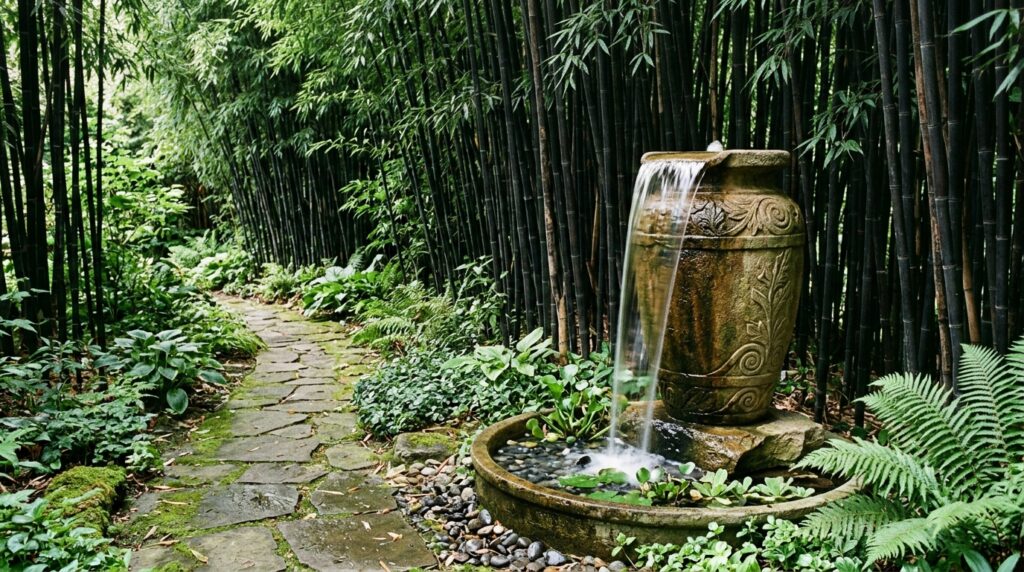 Monolithic Stone Water Bowls with Slow Spillways for Zen Courtyards pathway bordered by bamboo urn 202606101358