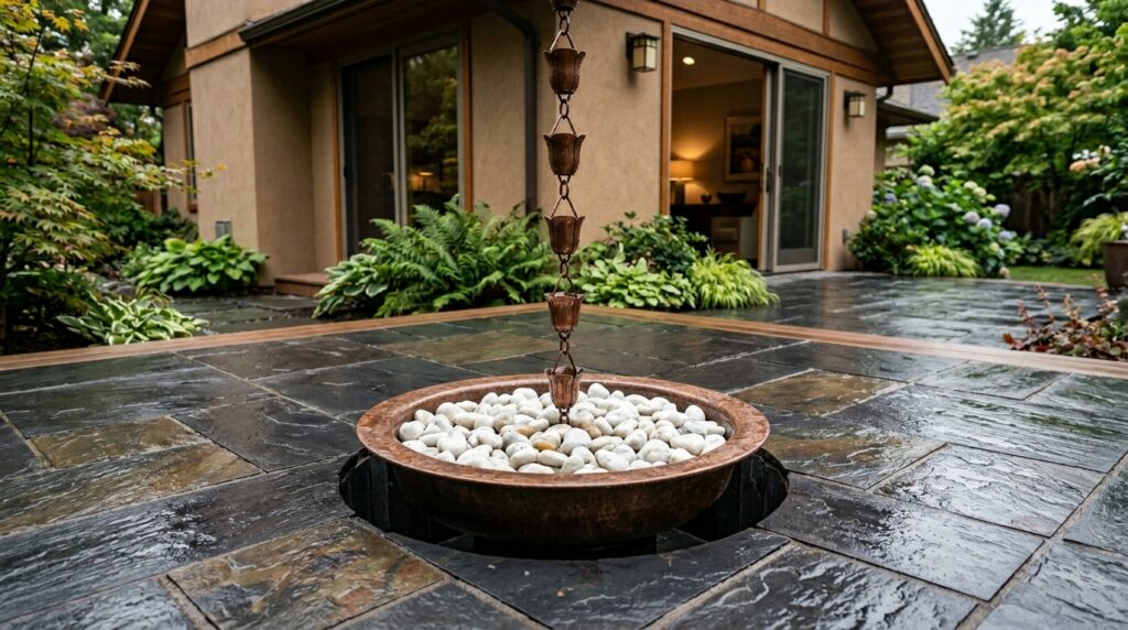 Copper Rain Chains That Turn Runoff Water into Beautiful Art Features patio floor with copper rain 202606101210