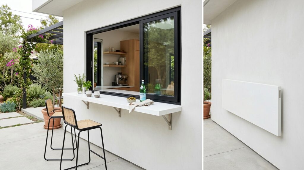 Compact Fold-Down Window Bars Connecting Indoor and Outdoor Spaces patio kitchen window bar shelf 202606171104