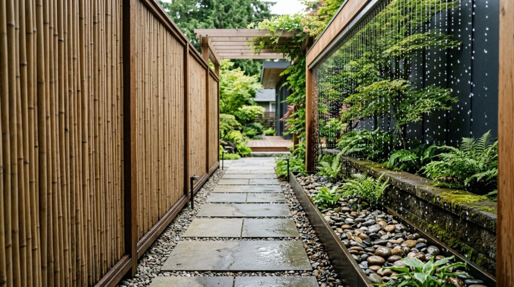 Zen Meditation Patios with Bamboo Screens and Smooth River Rocks patio transition bamboo rain cur… 202606141519