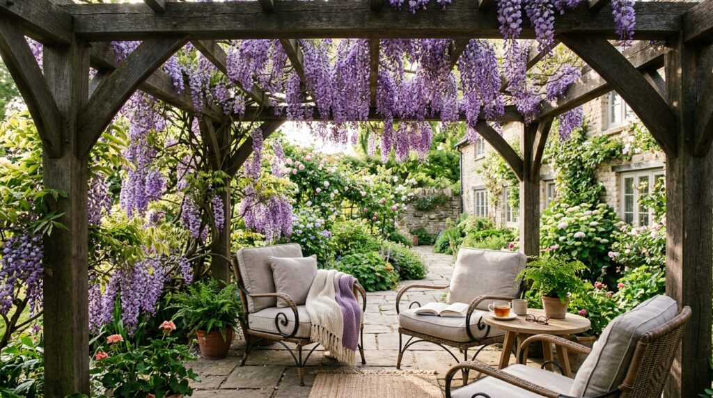 Creative Covered Patio Ideas for Year-Round Outdoor Living patio trellis with wisteria blos… 202606071413