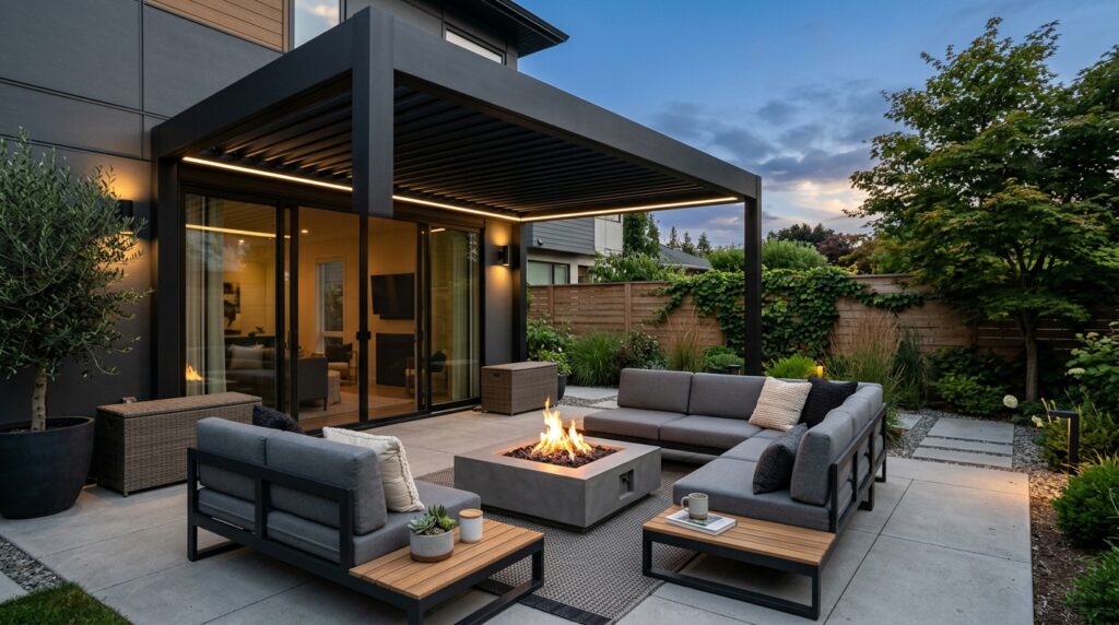 Creative Covered Patio Ideas for Year-Round Outdoor Living patio with black pergola seating 202606071414