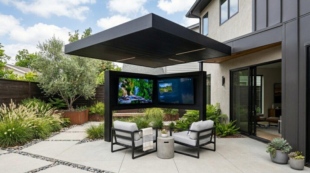 patio with black steel pavilion 202606171339