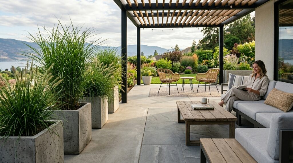 Modern Outdoor Kitchen And Bar Ideas For Premium Backyard Hosting patio with concrete pots grasses 202606071606