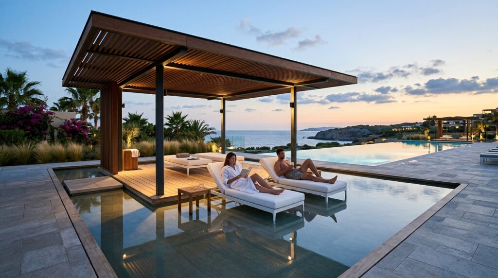 Outdoor Pergola Seating Ideas For Ultimate Backyard Luxury pavilion shading loungers in water 202606052223