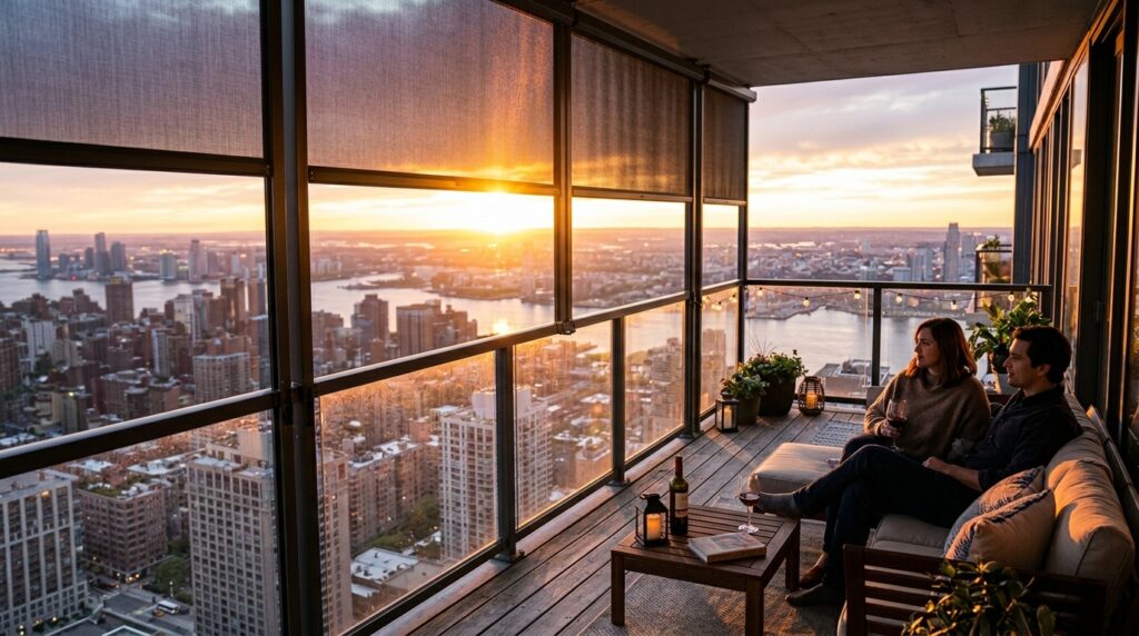 Modern Rooftop Terrazzo and Balcony Ideas for Elite Urban Luxury penthouse balcony sunset glare 202606071536
