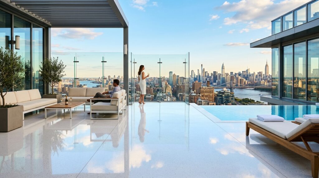 Modern Rooftop Terrazzo and Balcony Ideas for Elite Urban Luxury penthouse rooftop overlooking ci… 202606071537