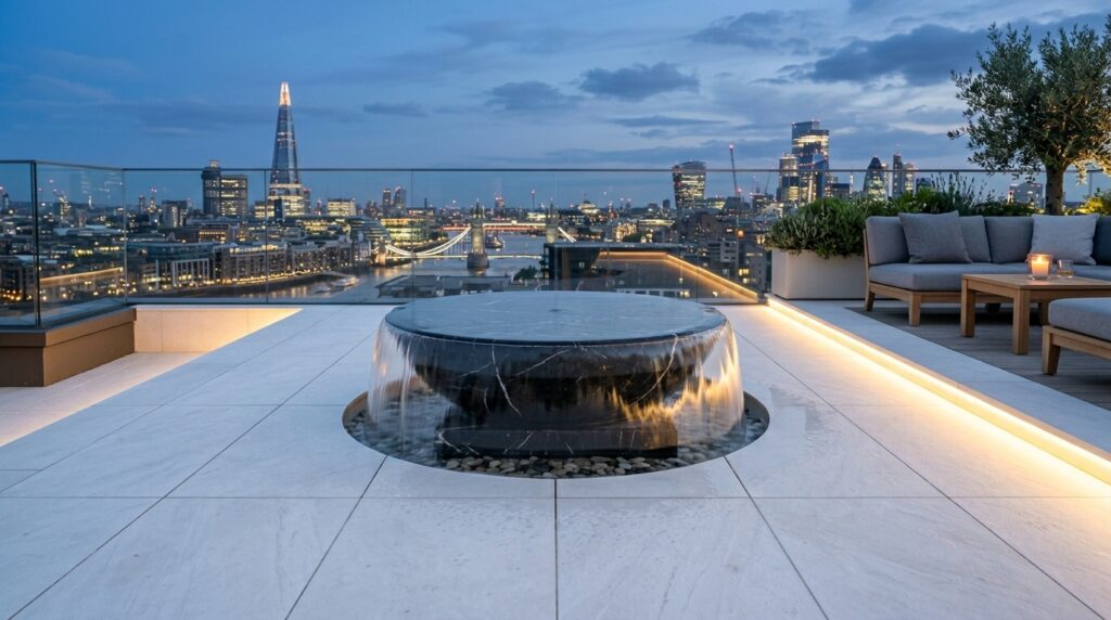 Monolithic Stone Water Bowls with Slow Spillways for Zen Courtyards penthouse sky deck with marble 202606101356
