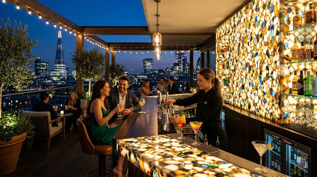 Modern Rooftop Terrazzo and Balcony Ideas for Elite Urban Luxury penthouse terrace bar glowing wall 202606071536