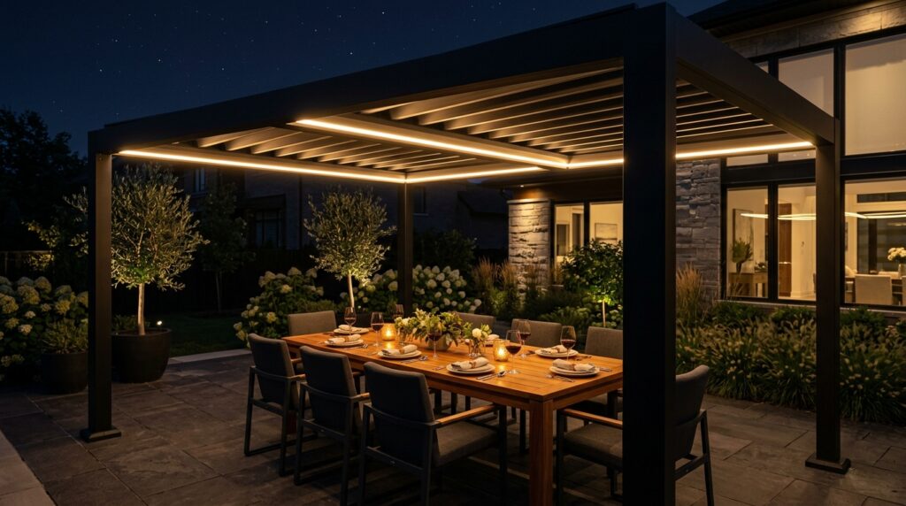 Outdoor Pergola Seating Ideas For Ultimate Backyard Luxury pergola casting warm glow dining… 202606052235