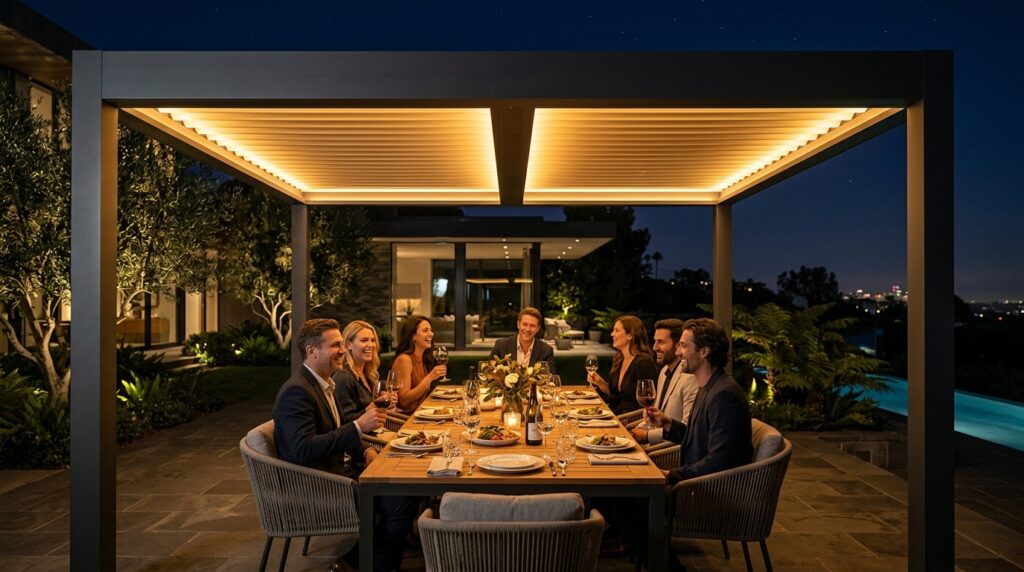 Modern Pergola Deck Ideas For Premium Backyard Luxury pergola casting warm glow dining… 202606070910