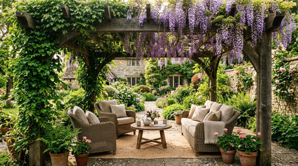 Outdoor Pergola Seating Ideas For Ultimate Backyard Luxury pergola covered in ivy flowers 202606052225