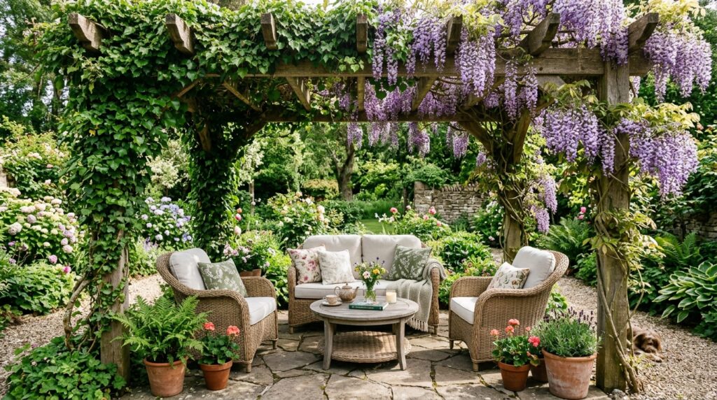Modern Pergola Deck Ideas For Premium Backyard Luxury pergola covered in ivy flowers 202606070911