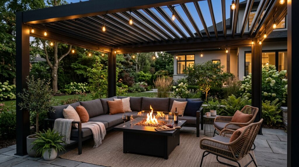 Fire Pit Lounge Ideas For Cozy Backyard Evenings pergola covering outdoor living … 202606042030