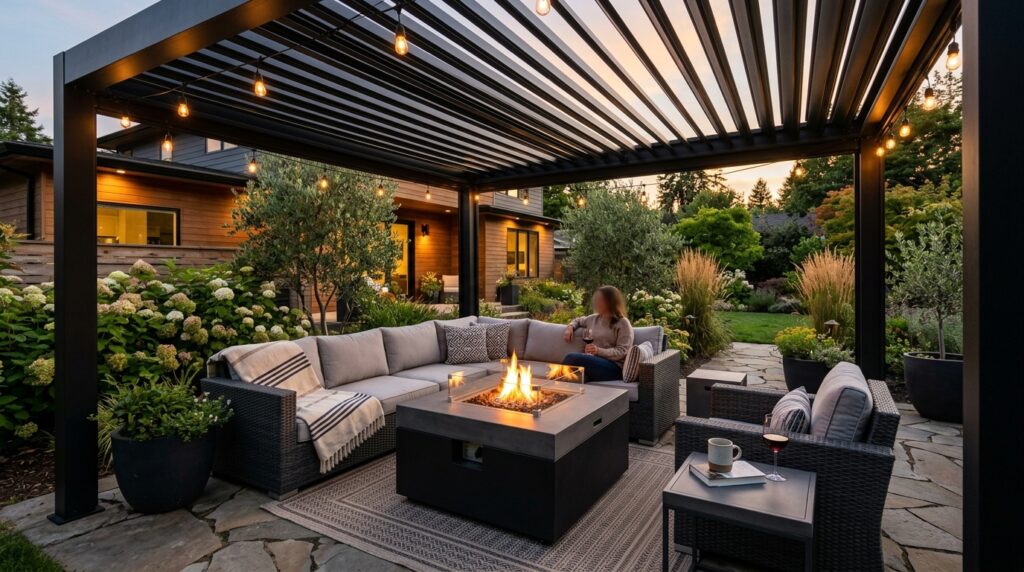 Fire Pit Lounge Ideas For Cozy Backyard Evenings pergola covering outdoor living … 202606042032