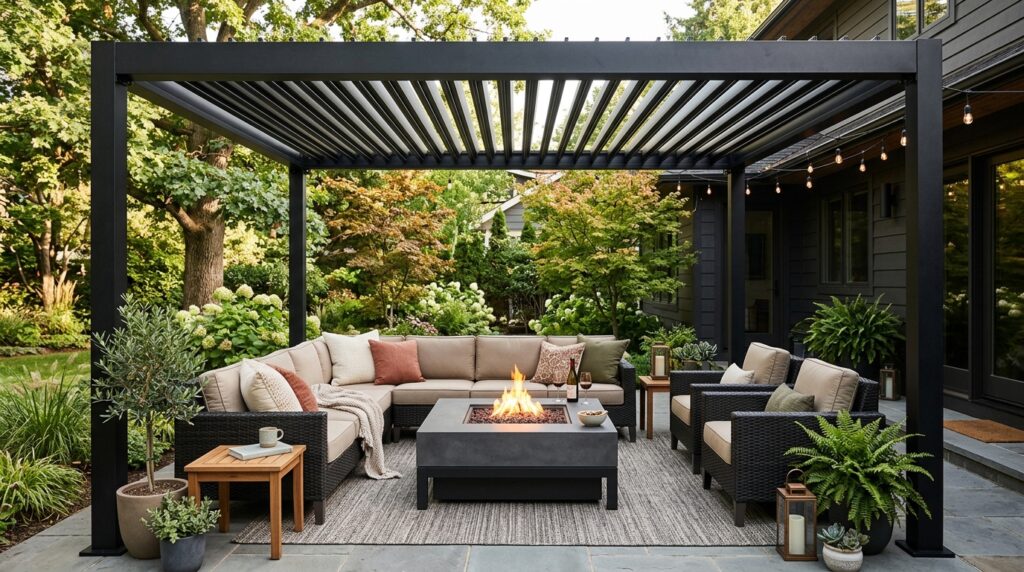 Fire Pit Lounge Ideas For Cozy Backyard Evenings pergola covering outdoor living … 202606042035