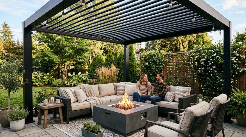 Fire Pit Lounge Ideas For Cozy Backyard Evenings pergola covering outdoor living … 202606042037