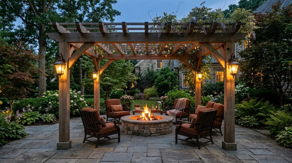 pergola framing stone fire pit 202606102328
