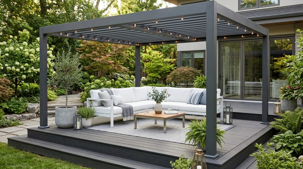 Outdoor Pergola Seating Ideas For Ultimate Backyard Luxury pergola over deck with sectional 202606052218