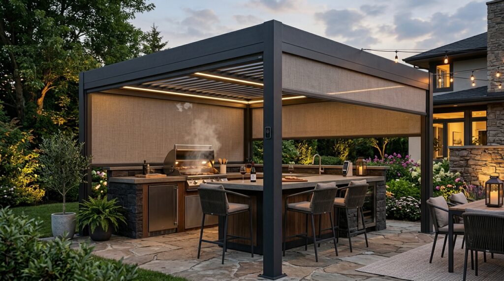 Outdoor Kitchen and Bar Ideas for Ultimate Backyard Fun pergola over outdoor kitchen island 202606061834