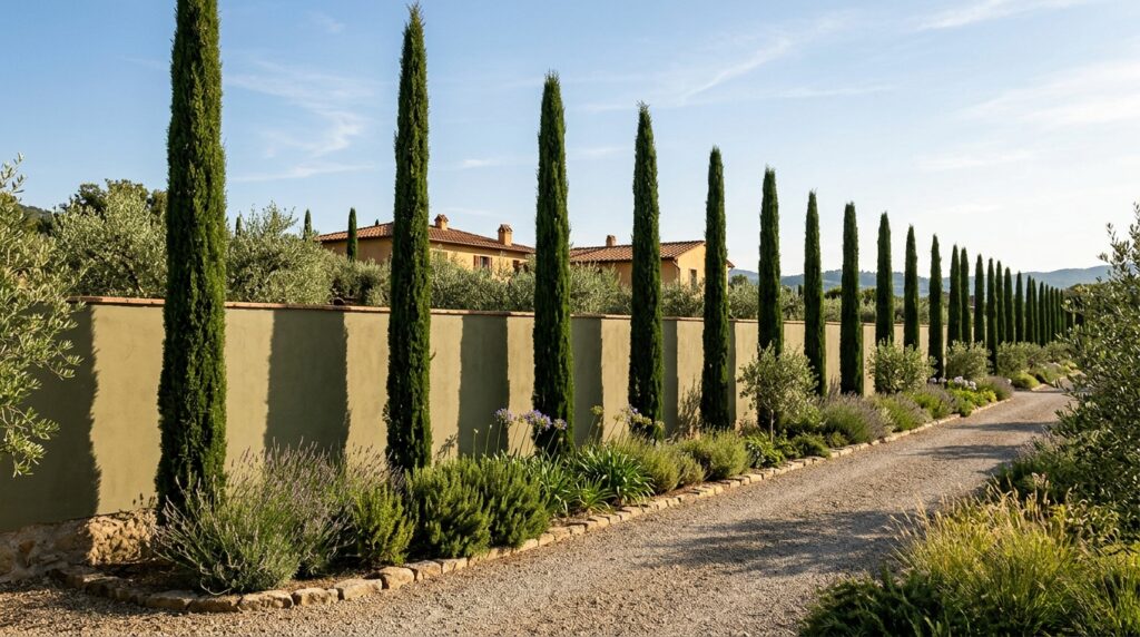 perimeter wall with cypress trees 202606121011