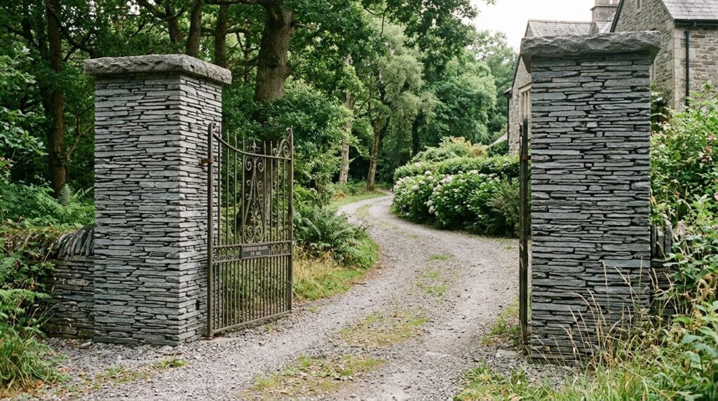 Stacked Flagstone Entry Pillars to Anchor Your Front Driveway Gate pillars built from grey slate 202606111256