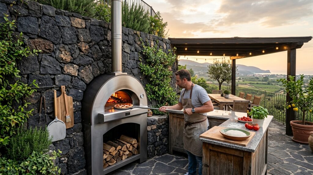 Luxury Outdoor Kitchen Monoliths and Covered Dining Pavilions pizza oven against stone wall 202606081232
