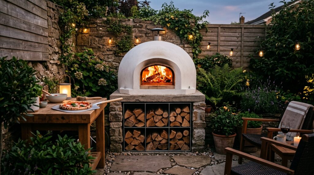 Modern Outdoor Kitchen And Bar Ideas For Premium Backyard Hosting pizza oven with timber logs 202606071606