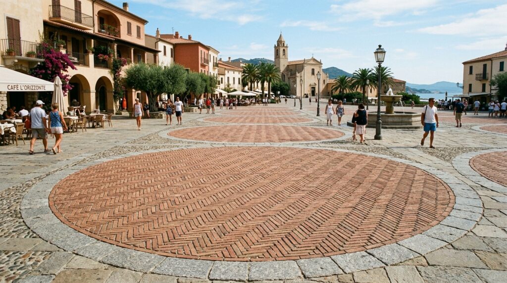 Brick-Paved Courtyards Inspired by Classic European Plazas plaza court herringbone brick pa… 202606141350