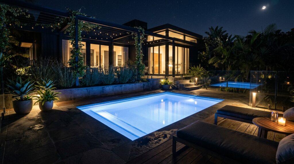 Modern Outdoor Plunge Pool Ideas For Luxury Backyard Relaxation plunge pool glowing blue light 202606070815