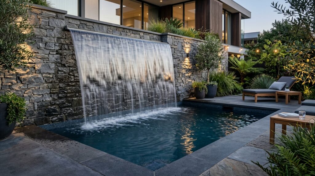 Modern Outdoor Plunge Pool Ideas For Luxury Backyard Relaxation plunge pool water cascades stone… 202606070816