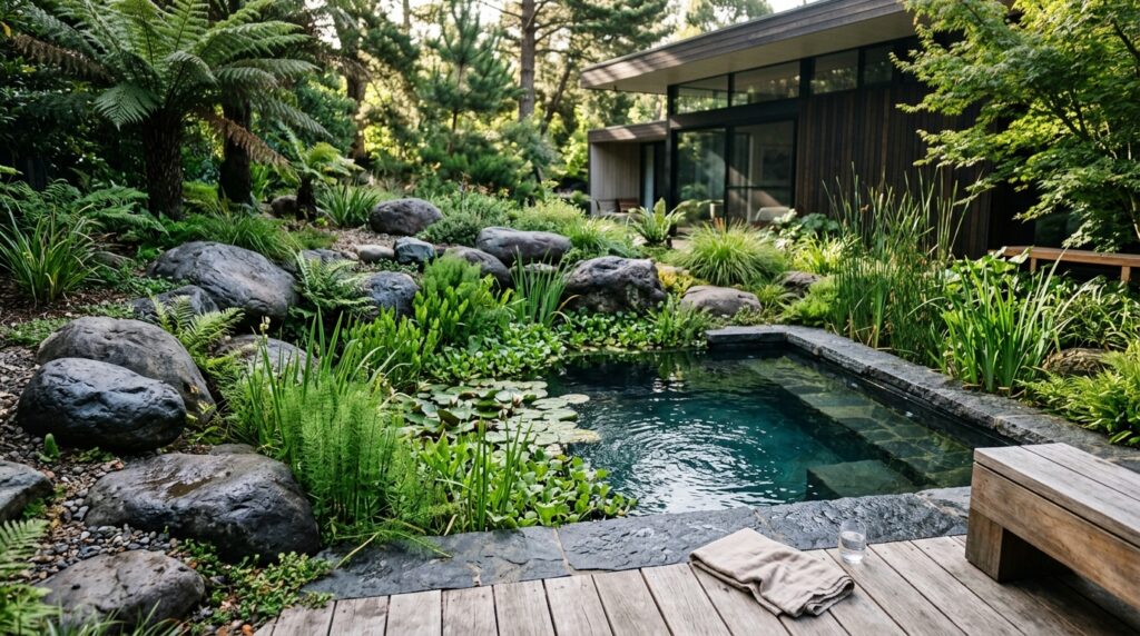 Modern Outdoor Plunge Pool Ideas For Luxury Backyard Relaxation plunge pool with plants boulders 202606070815