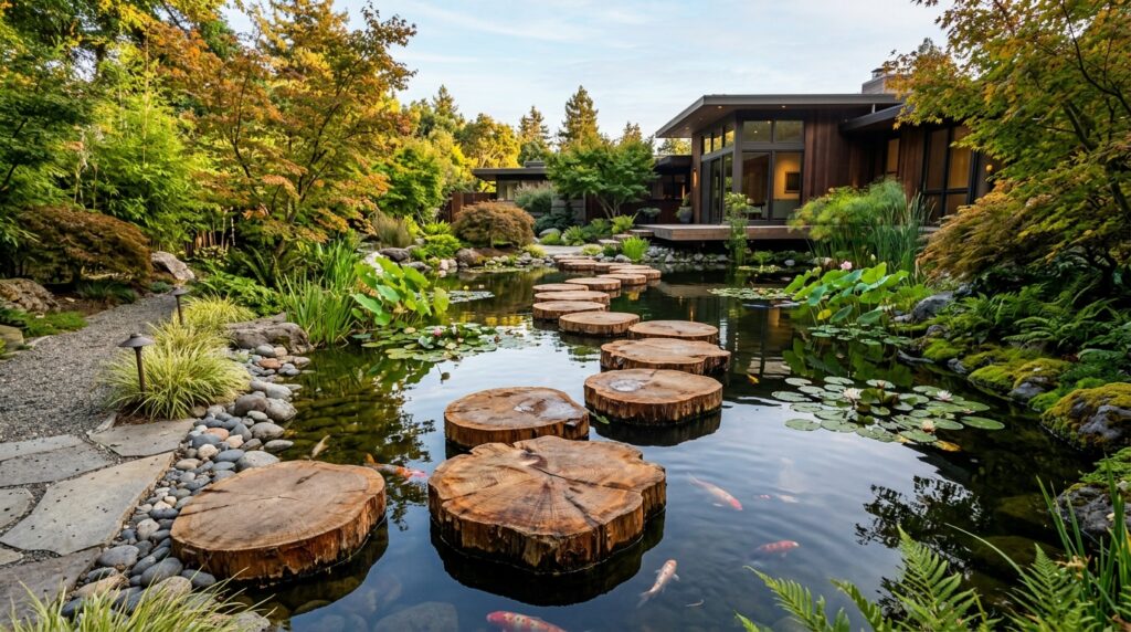 Floating Wooden Walkways Crossing Over Tranquil Backyard Koi Ponds pond walkway floating redwood discs 202606142021