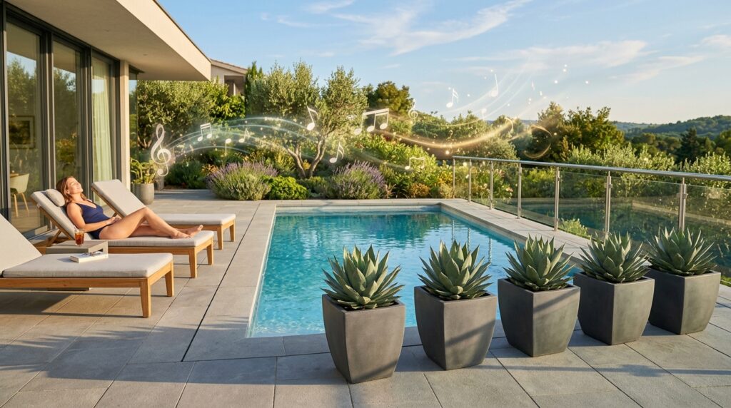 Modern Outdoor Wellness Spa Hubs For Premium Backyard Luxury pool deck with grey flower 202606071508