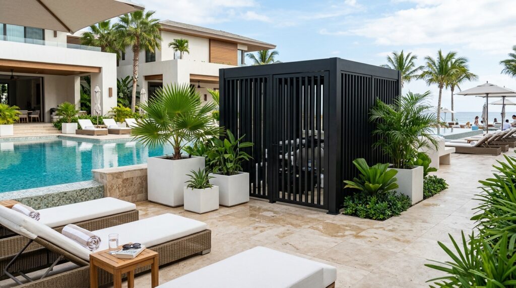 Hidden Utility Shed Layouts That Camouflage into Your Landscaping pool patio enclosure with palms 202606131130