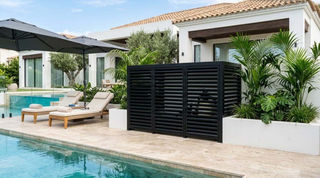 Hidden Utility Shed Layouts That Camouflage into Your Landscaping pool patio enclosure with palms 202606131140
