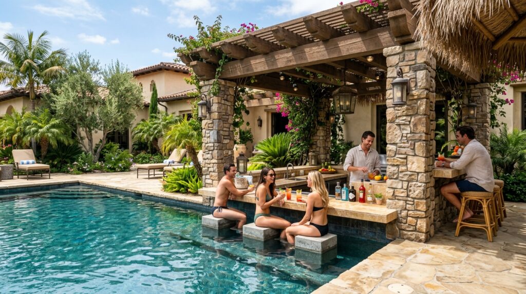 Outdoor Pergola Seating Ideas For Ultimate Backyard Luxury pool pergola with outdoor bar 202606052222
