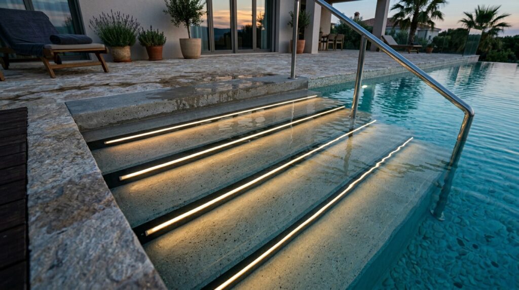 Neon Contour Strip Lighting for Futuristic Pool and Deck Edging pool steps with neon light 202606101238