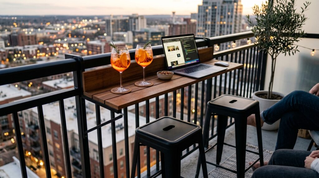 Modern Outdoor Balcony Designs For Luxury Urban Living railing bar with cocktail glasse… 202606070739