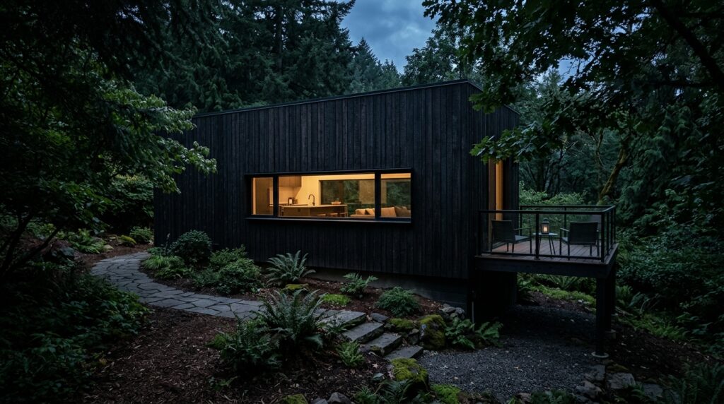 Luxury Glamping Cabins Tucked Safely into Large Backyard Edges rectangular cabin shou sugi ban 202606141427