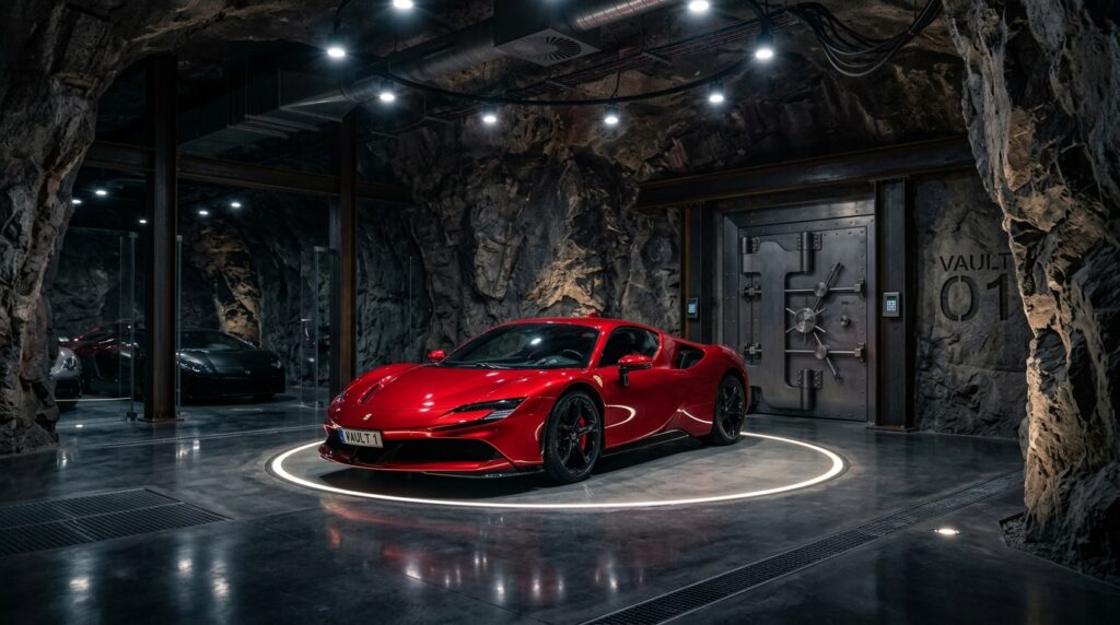 Modern Hidden Underground Car Cavities and Hidden Garage Vaults red hypercar in garage vault 202606072147