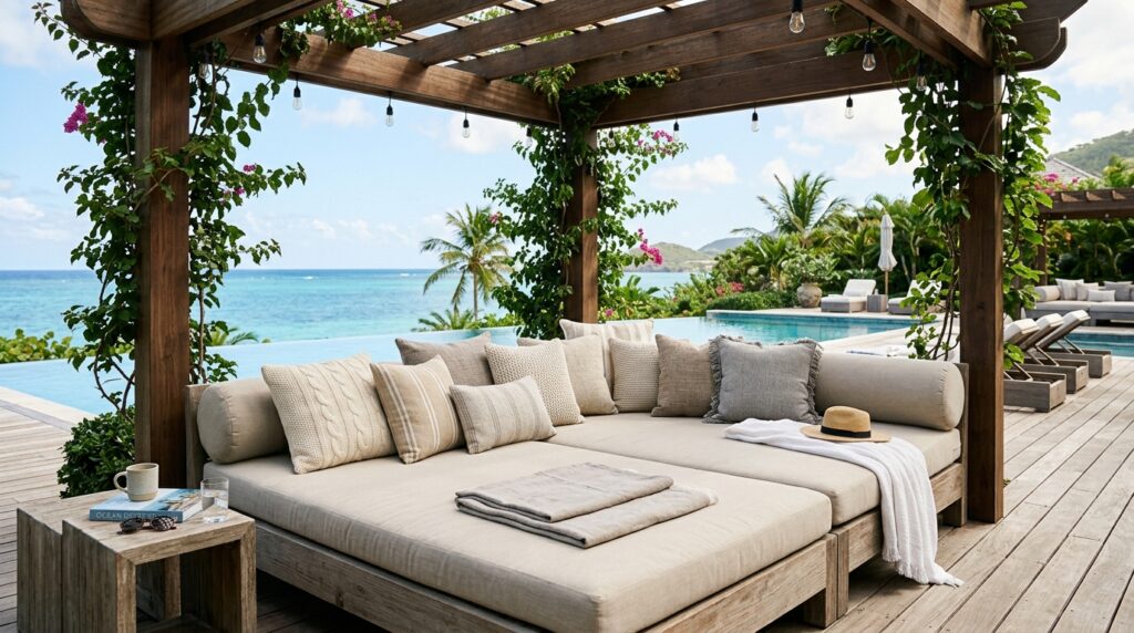 Modern Pergola Deck Ideas For Premium Backyard Luxury resort deck with daybed 202606070911