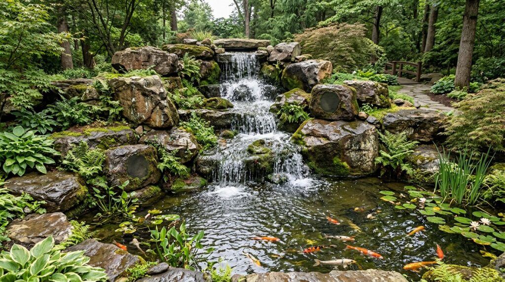 Hidden Outdoor Bluetooth Speaker Rocks for Disappearing Audio rock waterfall into koi pond 202606101222