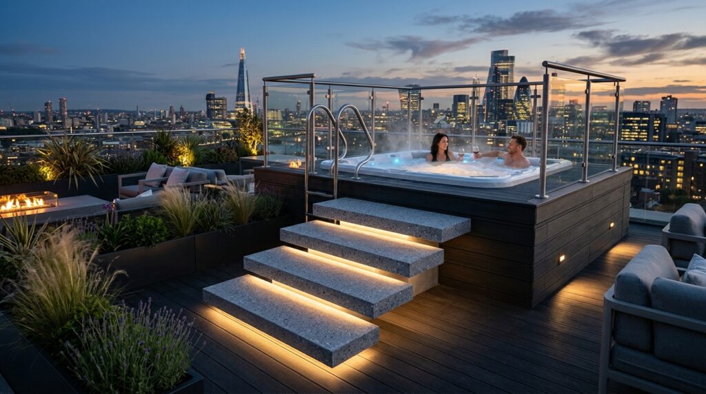 Modern Rooftop Terrazzo and Balcony Ideas for Elite Urban Luxury rooftop lounge hot tub steps 202606071537
