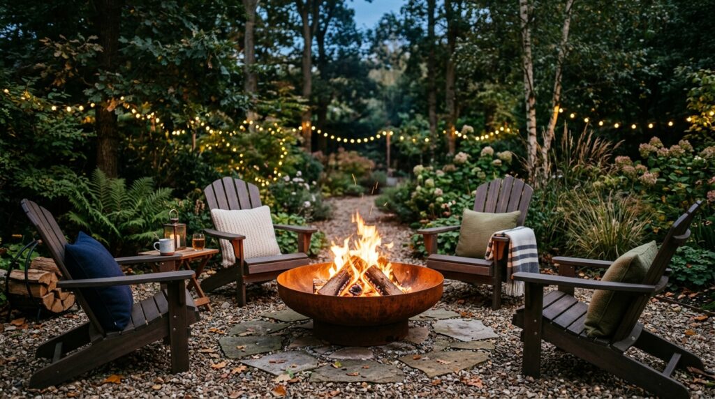 Modern Fire Pit Layouts For Luxury Outdoor Lounging rusted fire bowl with chairs 202606062007