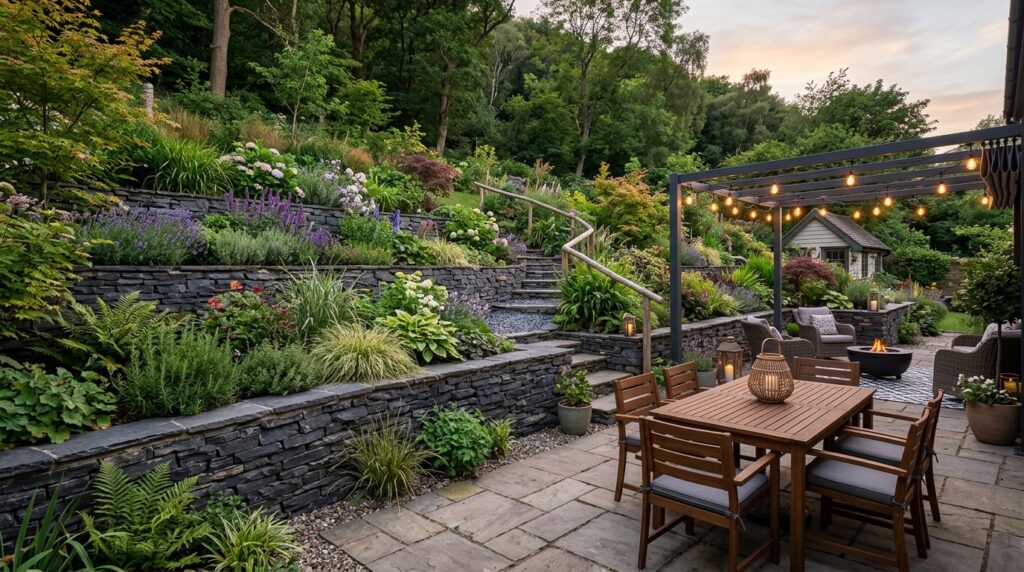 Raised Garden Bed Layouts to Frame Your Main Seating Patio rustic patio with raised garden 202606141314
