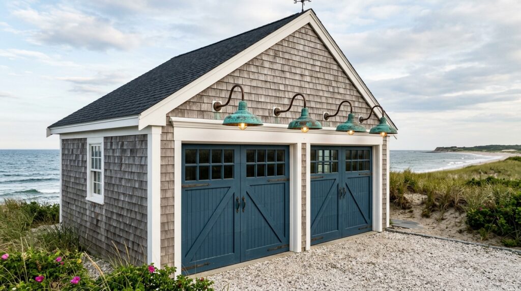 Industrial Gooseneck Fixtures to Illuminate Outdoor Garage Headers seaside garage cape gooseneck fi… 202606102354