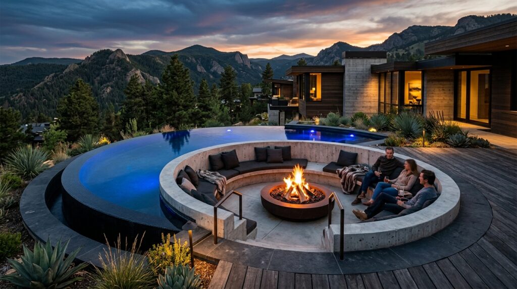 semi circular pool wraps fire pit 202606141407