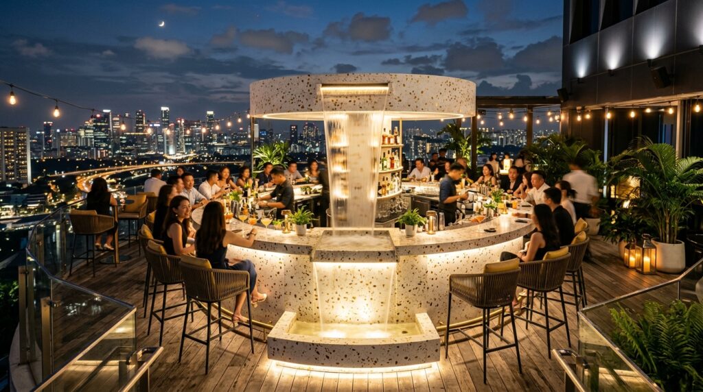 Modern Rooftop Terrazzo and Balcony Ideas for Elite Urban Luxury sky bar with waterfall island 202606071537